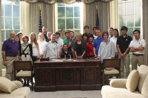 The journalism and TV production class pose on an Oval Office set.  This is part of the House of Cards set, a new TV being filmed partially in Joppa.