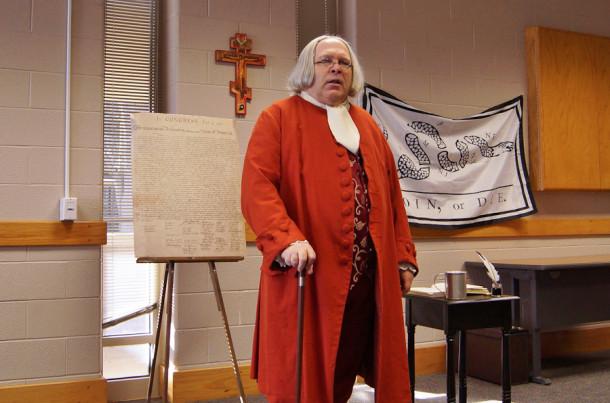 Benjamin Franklin, as acted out by David Fischer,  talks about his political and social life. The History Club invited the re-enacter to talk to students and teachers after school on Nov. 14.