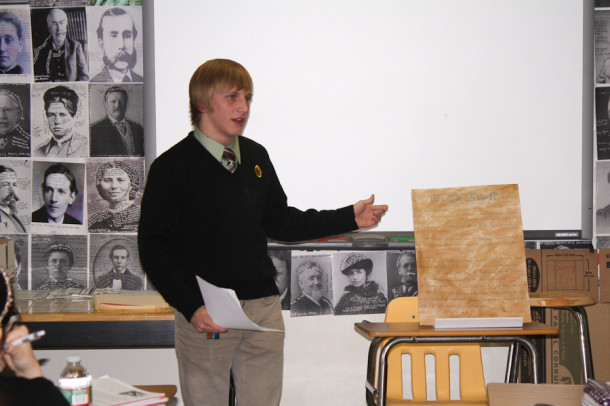 Junior Chad Skokowski presents his report about the Constitution. Skokowski and other students in Honors U.S. History with history teacher Jake Hollin had to give a 20 to 30 minute presentation.