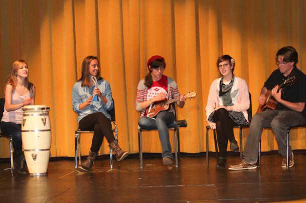 Seniors Amanda Spaeth, Alex Gromacki, Megan Grieg, Emily Goheen, and Matt Wagner perform I Still Believe by Frank Turner at the Variety Show. The show took place on Nov. 26 and 27 and raised over $8,000 for the class of 2014.