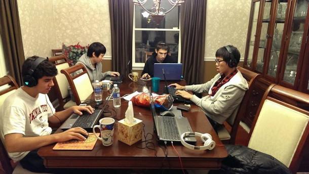 From left to right, seniors Guillermo Almirall, Ho Jin Hong, Brenden Hutton, and junior Kevin Yin battle against each other in online video games. Almirall, Hong and Yin stayed with Hutton for Thanksgiving break, and Hong will be returning to stay with Hutton over Christmas break.