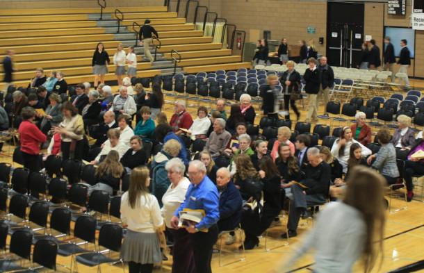Grandparents and students begin to gather in the upper gym for Mass on Grandparents Day Jan. 27. Bishop Dennis Madden celebrated Mass with the school, and grandparents and parents had a luncheon with their grandchildren afterwards.