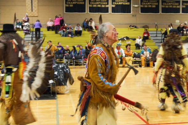 Native Americans are performing tribal dances during the Morning Star Pow Wow at JC. Several dances were performed to raise money for the drums and St. Labre School in Ashland, Montana. 