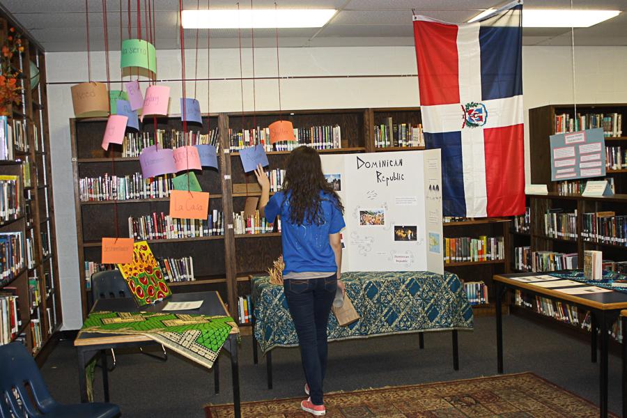Students going on the Dominican Republic service trip set up a display in the library about life and culture in the Dominican Republic. The group wanted to raise awareness of the country in advance of their trip in June.