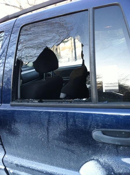 Junior Elizabeth Drivers car window is shattered from a break- in on March 5th. Driver and her sisters purse was stolen from the car. 