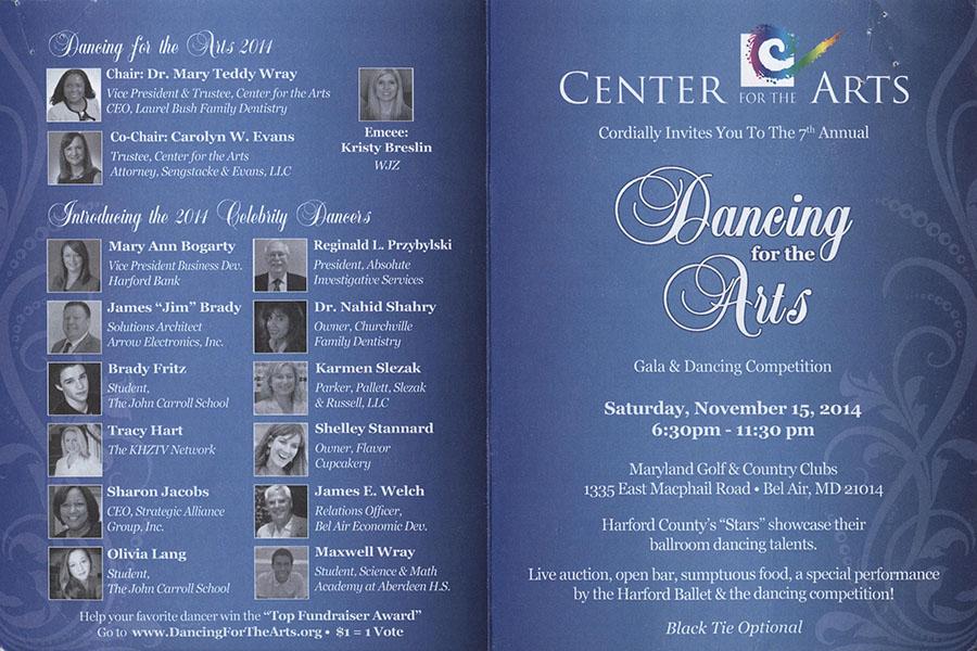 Above is the brochure for "Dancing for the Arts." Senior Brady Fritz is pictured third down in the first column. Sophomore Olivia Lang is sixth down in the first column. "Dancing for the Arts" will take place Saturday Nov. 15 from 6:30-11:30.