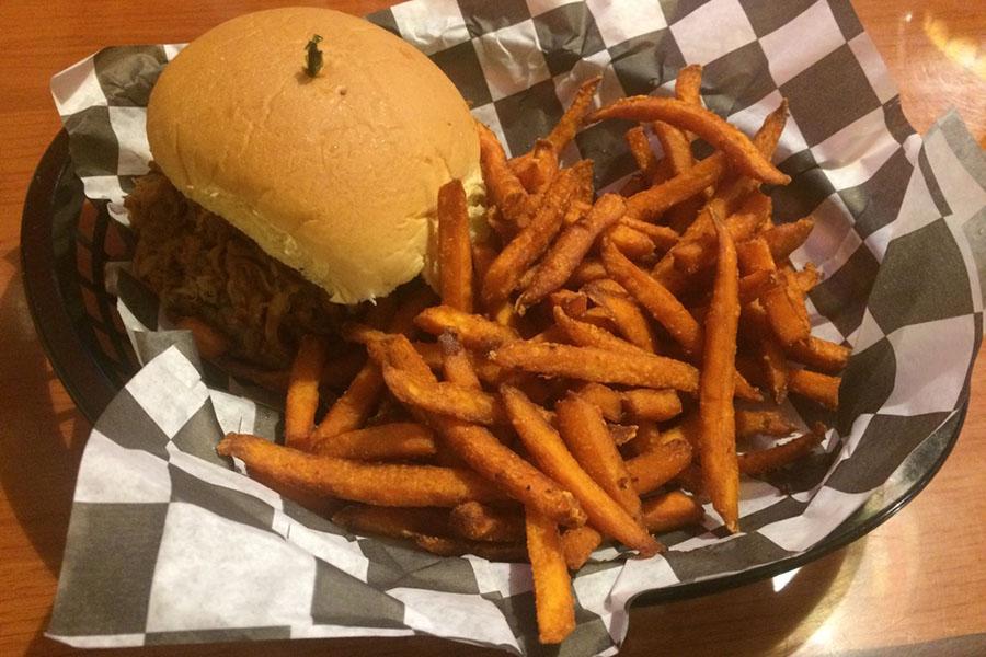 JDs+basket+contains+a+BBQ+pulled+pork+sandwich+paired+with+sweet+potato+fries.+JDs+Smokehouse%2C+newly+opened+in+Churchville%2C+replaced+Bruce+Bitners.
