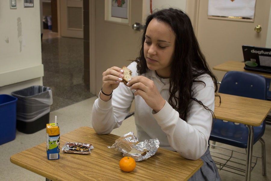 Junior Brooke Vogel eats her typical gluten free lunch. The lunch consisted of turkey and pepper jack cheese on gluten free bread, a clementine, and some organic milk. 