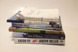 Pictured are (from top to bottom) "The Catcher in the Rye" by JD Salinger, "Night" by Elie Wiesel, "Into the Wild" by John Krakauer, "A Midsummer Night's Dream" by William Shakespeare, "The Things They Carried" by Tim O'Brien, and "Catch-22" by Joseph Heller. These are just a few of the books that students may read in English classes throughout high school.