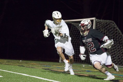 Junior varsity attackman Joe Rayman chases after the Boys Latin goalie, attempting to steal the ball. The lacrosse team lost to Boys Latin, 21-11 on March 11.