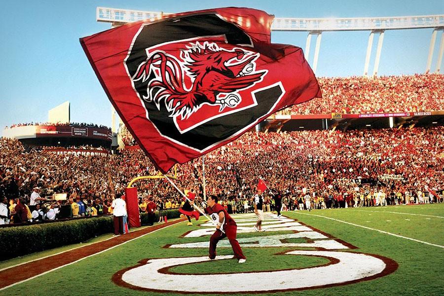 A student waves the University of South Carolina Gamecocks flag. Hundreds of thousands of people flock to the football stand each year during the football season.