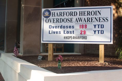 Outside the Bel Air Harford County Sheriffs Department precinct is a sign that displays the current number of overdoses and deaths by heroin in Harford County. The new drug testing policy was implemented in response to the drug epidemic in the county. 