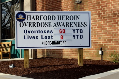 Outside of all the Harford County Sheriffs Department precincts is a sign that displays the current number of overdoses and deaths by heroin in hopes of raising awareness of the epidemic. As on April 8, 2016, there have been 60 overdoses and 8 deaths. 