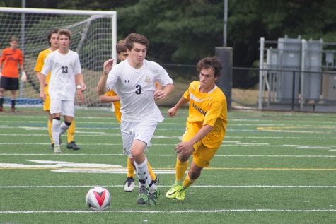 Senior midfielder Franco Caltobiano beats a Loyola player to the ball during a game. The mens varsity soccer team beat Loyola 2-0 on Friday, Sept. 16.