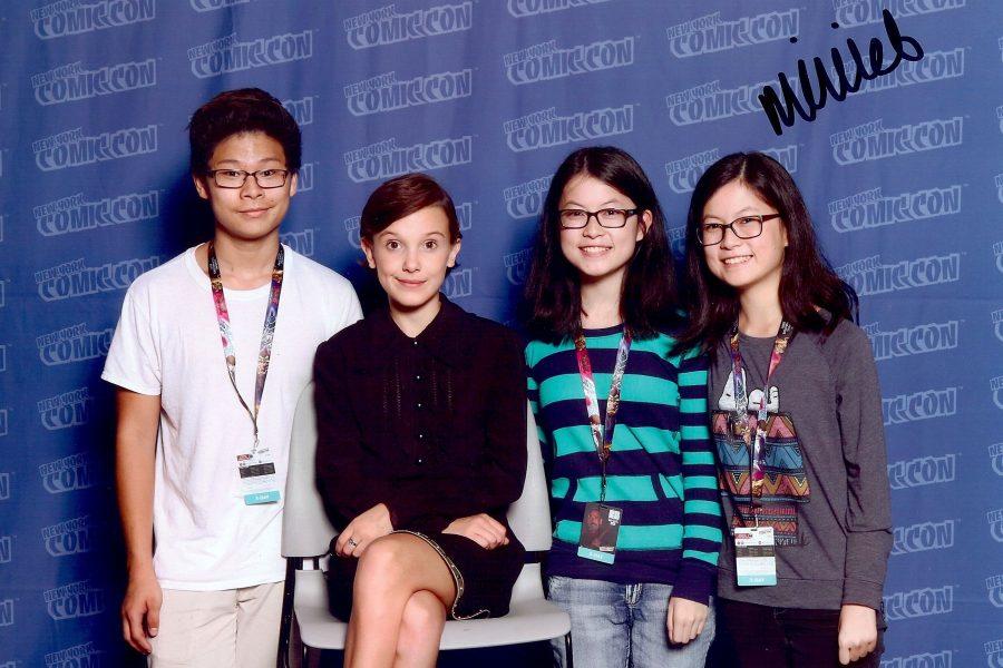 Seniors Lindsay (left) and Sierra Baker (right) and sophomore Will Baker pose with Millie Bobby Brown of the Netflix original series Stranger Things. The Bakers met Brown at a Comic-Con in New York.