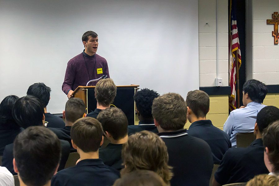 Peer Recovering Specialist Shawn speaks to the senior boys during the community drug assembly on Thursday, Oct, 27. Several speakers shared their stories of battling addiction with all grade levels throughout the school during the assembly. 