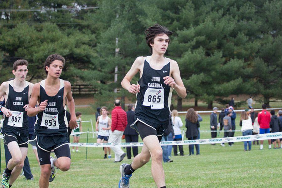 Sophomore Jack Plumer races in the cross country championships at Stevenson University on Nov. 1. The team finished in second place with a score of 60 points in the varsity B Conference.