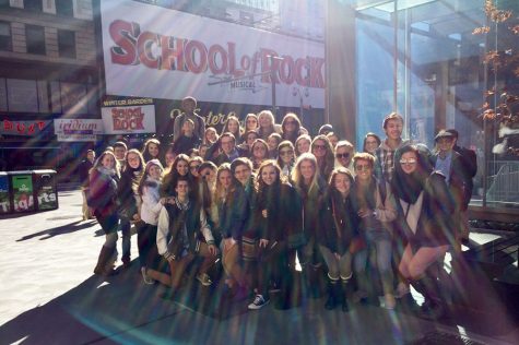 A group of students gather outside of The Winter Garden Theatre in New York where they went to see the musical School of Rock on Saturday, Nov. 12. The JC Theater Department hosts trips to New York twice a year to see a Broadway musical.