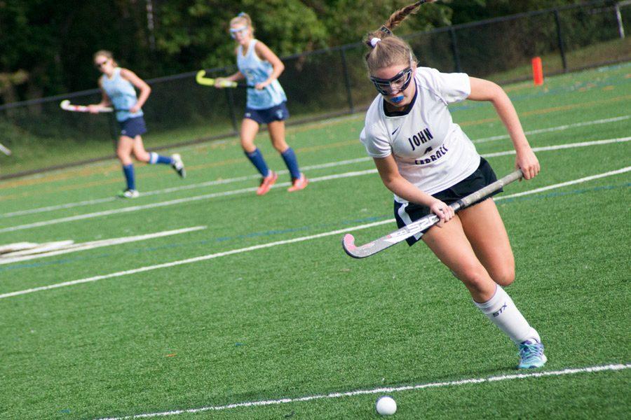 Freshman left wing Ellie Bruggeman drives down the field against Mount de Sales on Nov. 2. The team went on to win the IAAM B Conference Championship on Nov. 6 against Maryvale 1-0.