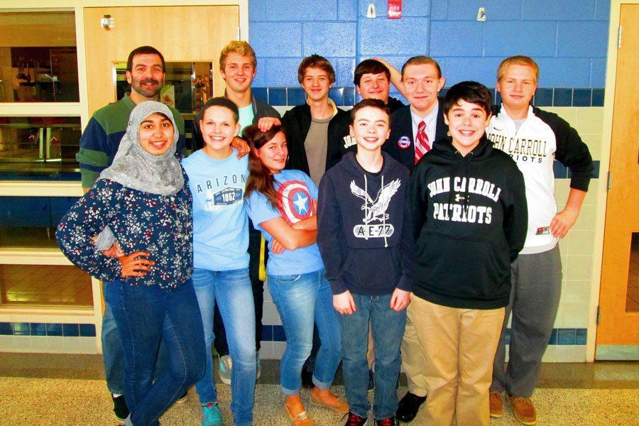 Members of the Academic Team posed for a picture during a day tournament at Bel Air High School. The Academic Team has had a successful season so far, making it to the second round of the Its Academic competition and having a 5-1 record in the Catholic League. 