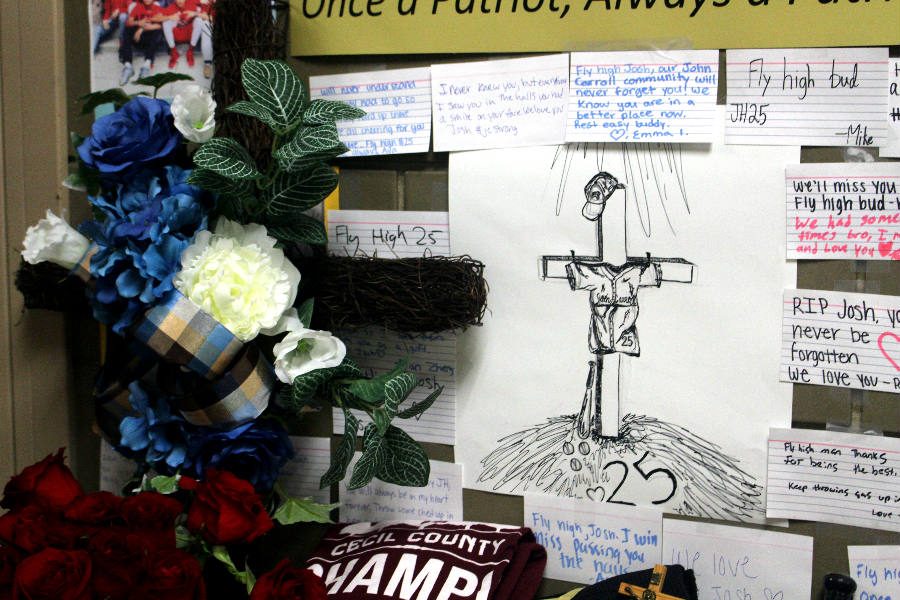 After Josh Hamer, class of 19, passed away in a tragic car accident, a locker memorial was set up in front of his locker to give students the ability to write letters dedicated to Josh. The community came together during this grieving period to honor a true Patriot by having a vigil on the baseball field, a memorial service, and a moment of silence during the first baseball home game. 