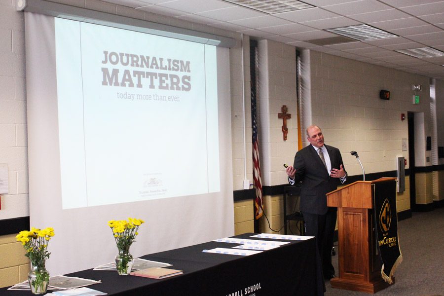 Publisher and Editor in Chief of The Baltimore Sun Media Group Triffon Alatzas speaks during the induction ceremony for the Quill and Scroll Honor Society. Alatzas shared stories about his journalistic experiences and explained how the different publications within the media group operate.