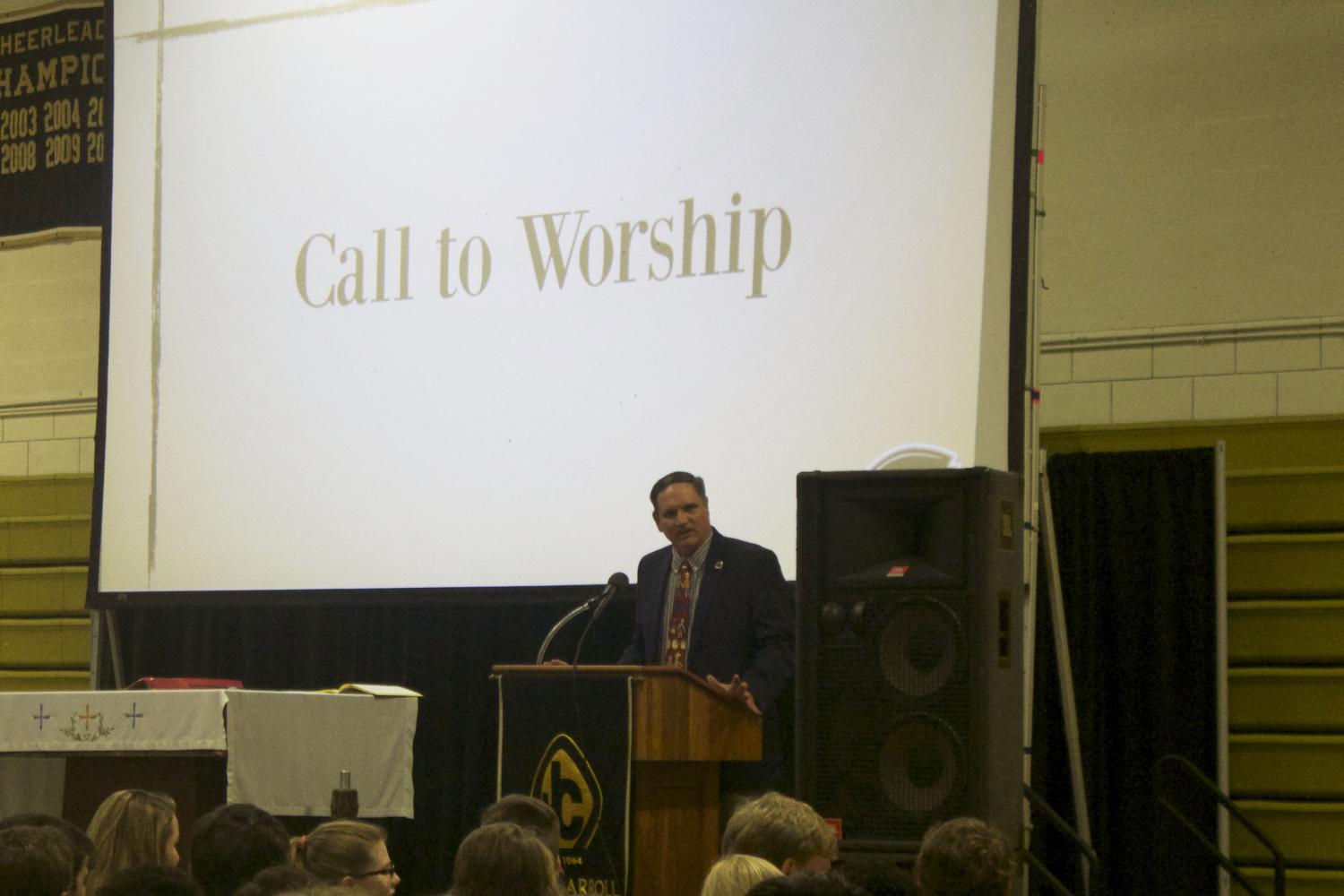 Campus Minister Gary Meyerl addresses the student body during the End of the Year Mass on April 28. Meyerl has decided to leave JC after this school year and will fill the role of Director of Outreach at Cardinal Gibbons High School in Raleigh, NC for the 2017-18 school year. 