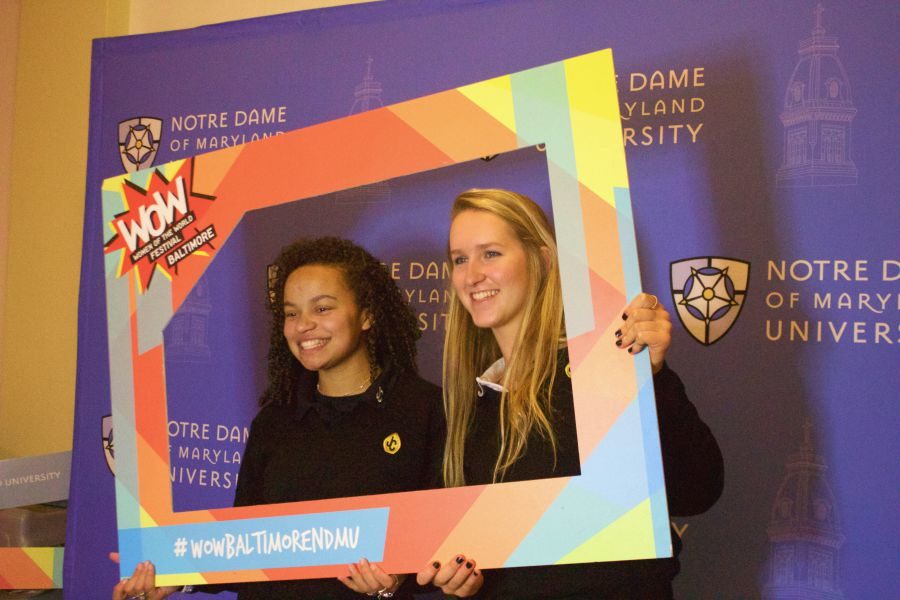 Sophomores Kianna Miller and Gabrielle Baikauskas pose for a picture at the Women of the World School Day at Notre Dame of Maryland University. On Wednesday, Nov. 1, Dean of School Life Danica Attanasio, English teacher Tara Milburn, and 10 sophomore and junior girls attended the event, during which students listened to talks about female empowerment and confidence.
