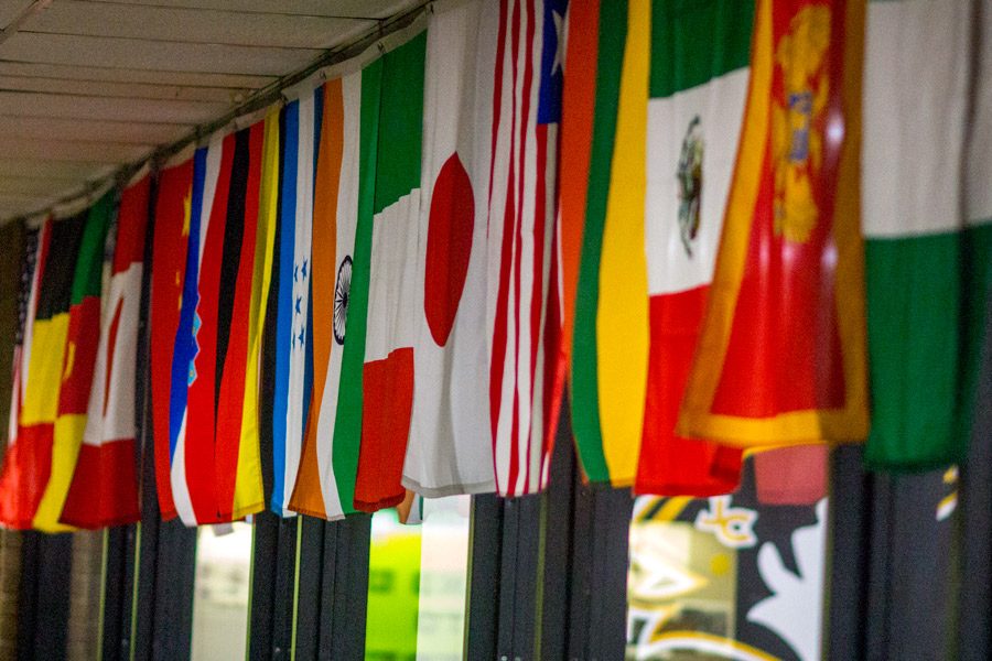 Flags hang outside the cafeteria, representing countries from around the world. The Model United Nations Club will represent these various countries on a mock panel in February.