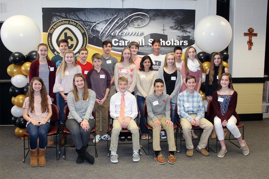 Members of the class of pose at a lunch honoring their selection into the Archbishop John Carroll Scholarship Program on Sunday, March 19. The Carroll Scholars will be a part of the AP Capstone program, the only one offered in a Maryland Catholic school.