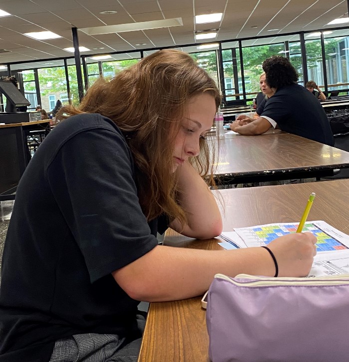 Emily Hofmann works during off mod in the cafeteria.
