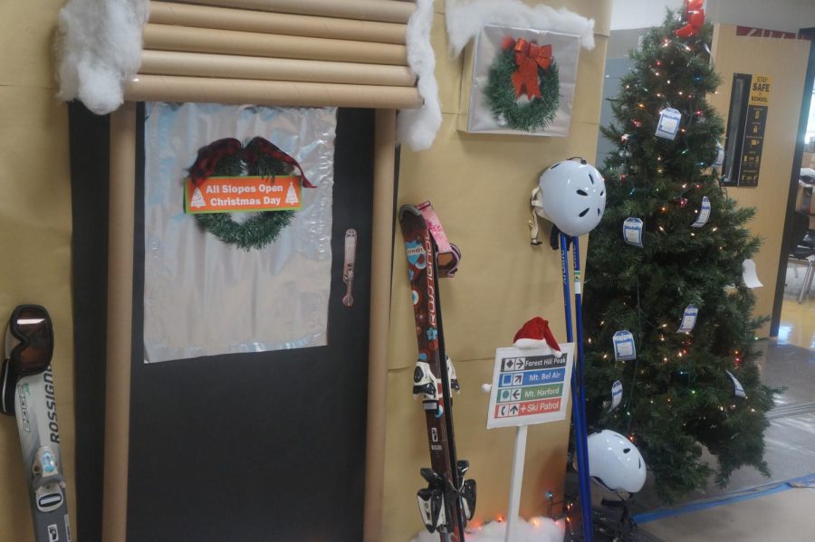 Hidden advisory door shines with their decorations of a ski lodge