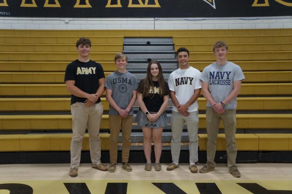 Members of the Class of 2023 are on their way to West Point and the Naval Academy.  From Left to Right: Justin Mangin, Andrew Brown, Sam Dlugokenski, Ryan Skandalis, and Chris Dattoli.